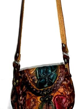 Mexican tooled leather handmade leather laced crossbody bag painted floral rose